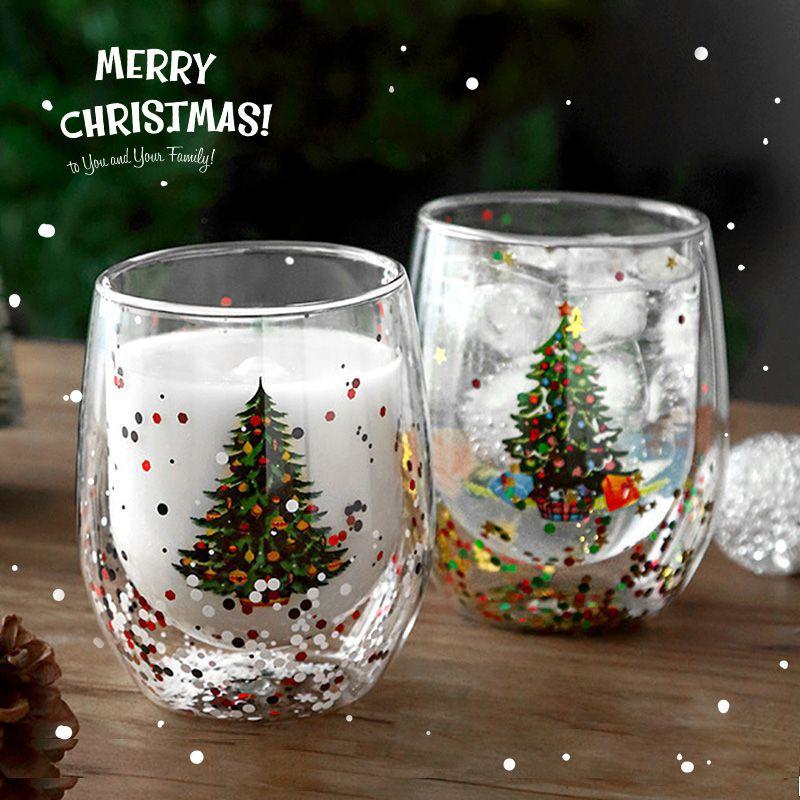 Double Wall Christmas Glass Cup Flowing Sequins Christmas Tree Snowman Coffee Cup Heat Resistant Tea Milk Juice Mug Xmas Gift
