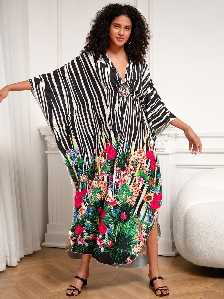 EDOLYNSA Привлекательный полосатый женский халат-кафтан, домашнее платье, уютная легкая куртка, непринужденная домашняя одежда, длинное платье для отпуска и вечеринки Q1289