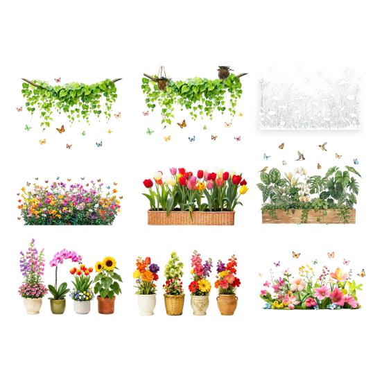 Window Decals Spring Garden Design Double-Sided Visibility Electrostatic Adsorption Glass Sticker Home Shop Window Decoration