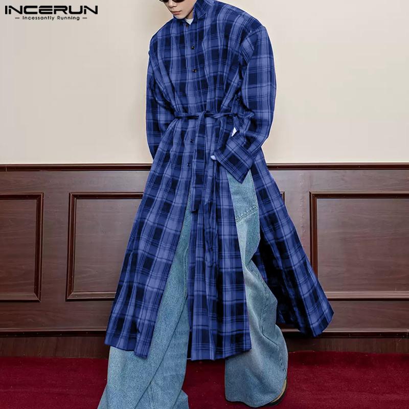 INCERUN Большие мужские рубашки с воротником-стойкой и длинным рукавом в клетку, повседневные туники