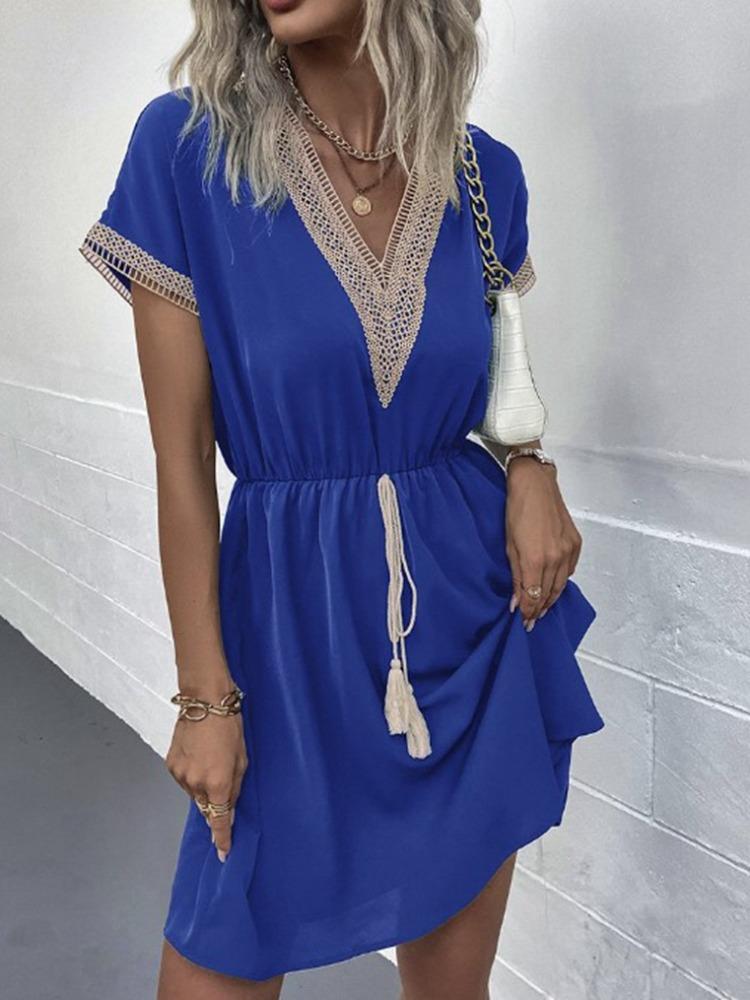 Women's Dresses Summer Fashion Lace Lace Stitching V Neck Loose Lace Up Bohemian Vacation Woman Basic Short Sleeved