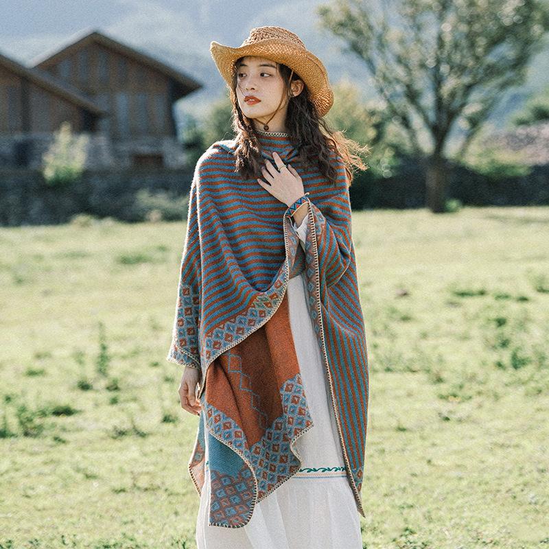 Ethnic Style Shawl Summer Outer Wear Women's Large Shawl Cape Cloak High-end Knitted Scarf