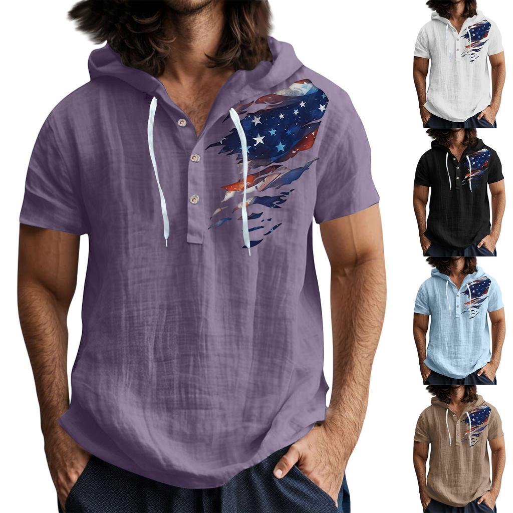 Мужская повседневная футболка с короткими рукавами, капюшоном и открытым воротом на пуговицах