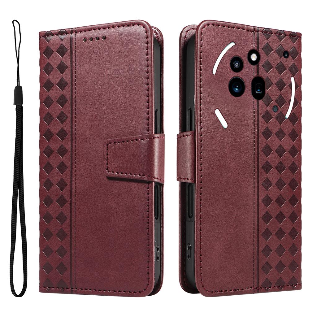 For Nothing Phone (3a) Pro Leather Case Wallet Stand Grids Imprint Phone Cover with Strap
