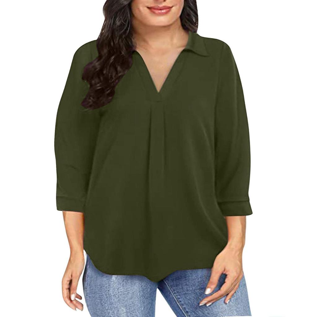Women's Summer Chiffon Loose 7-quarter Sleeve V-neck Plus Size Shirt