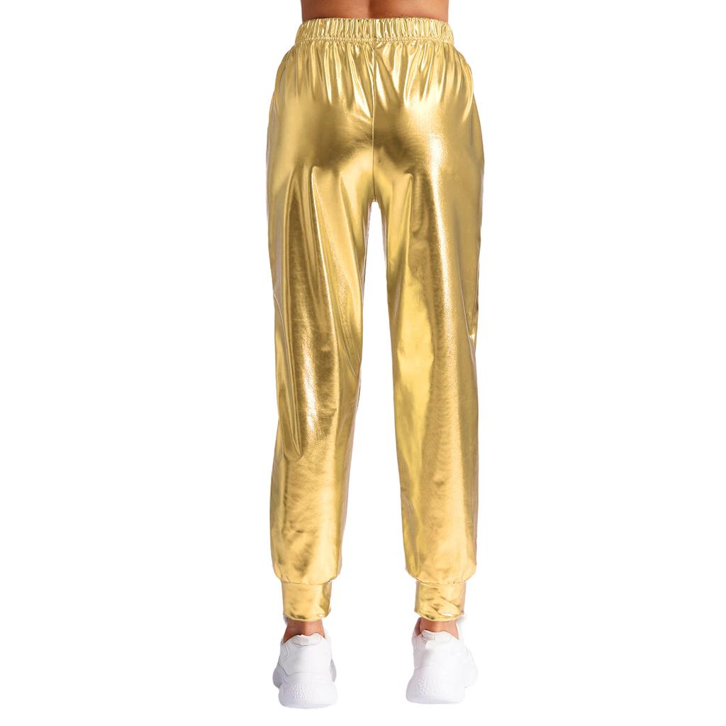 Женские металлизированные танцевальные брюки с высокой талией, эластичный пояс, свободный крой, спортивные брюки, блестящие, современные брюки