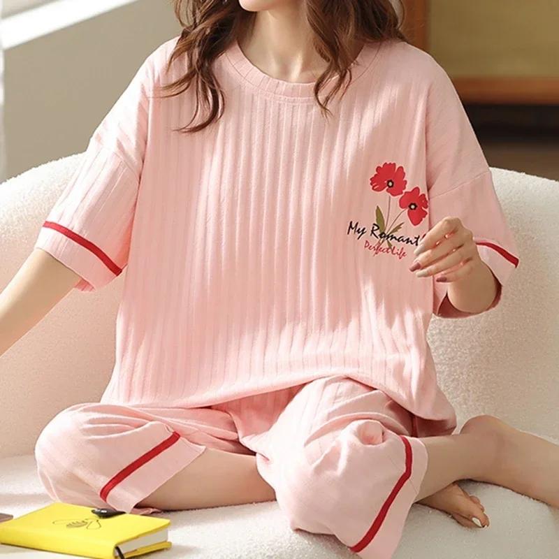 Летние пижамы-капри для женщин, повседневные пижамные комплекты с мультяшными лацканами, милая пижама для девочек из мягкого хлопка