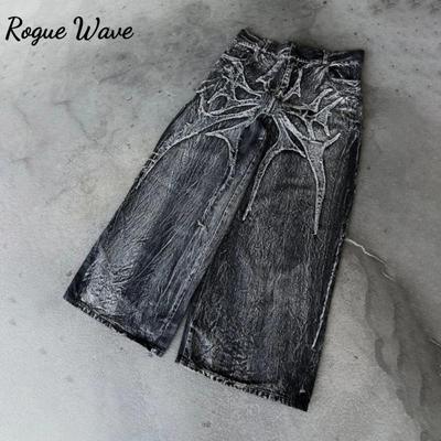 Джинсы RogueWave Y2K Phantom High Street с вышивкой паука, хип-хоп, уличная одежда, готика, ретро, оверсайз, мешковатый крой, унисекс, брюки для швабры