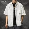 Men's Retro Japanese Loose Military Green Cotton Shirt Jacket, Short-Sleeved