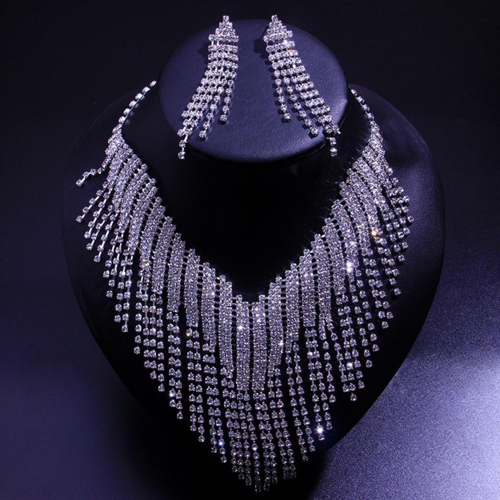 Rhinestone Tassel Collarbone Chain Exaggerated Full Diamond Earrings Necklace Set Chain Wedding Accessories Jewelry