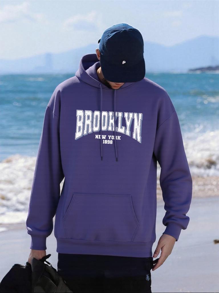 Brooklyn New York Art Letter Pattern Hoody Men Fashion Oversized Hoodie All-Match Fleece Pullover Autumn Pocket Man Streetwears
