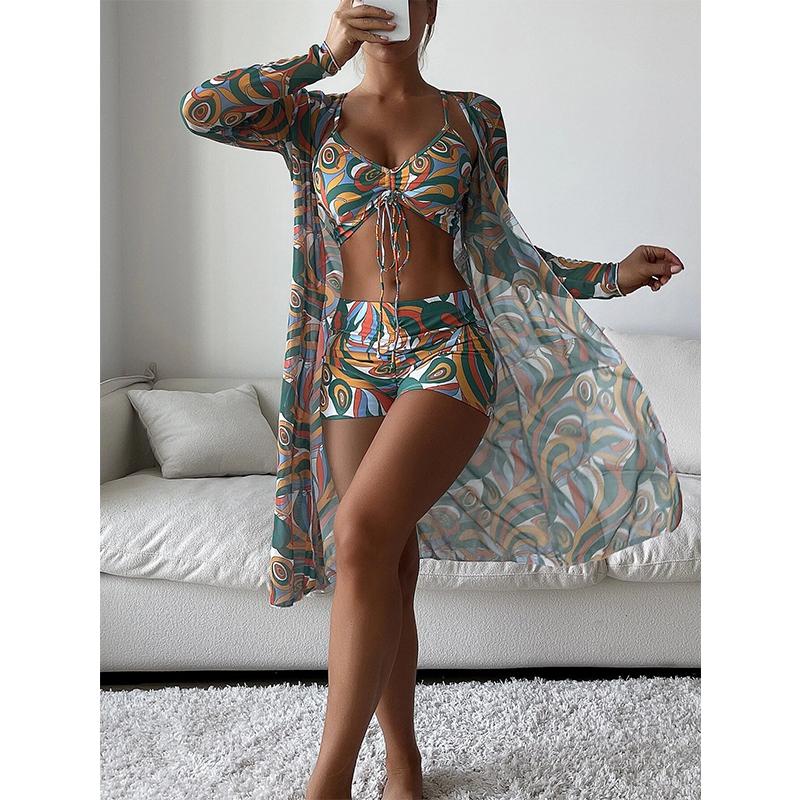Women Swimsuit High Waist Bikini Set Three Pieces Women Sexy Long Sleeve Cover Up Swimsuit Beach Bathing Suits Swimwear