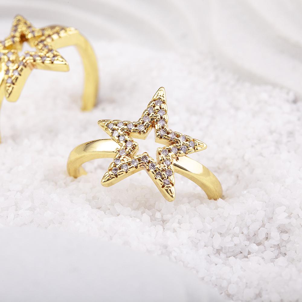 Nidin New Hip Hop Rock Five Star Rings Men Women Luxury Gold Color Rhinestones Zircon Pentagram Adjustable Wedding Party Gift