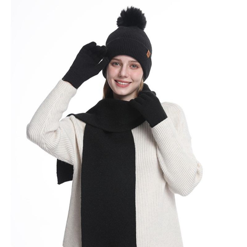 Knitted Hat Scarf Gloves Three Piece Set Winter Outdoor Velvet Warm Ear Protection Knitted Hat