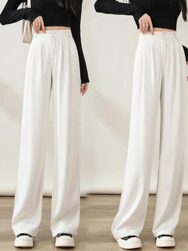 Весна 2024 г., черные, с высокой талией, широкие, утягивающие, прямые брюки - новая мода, повседневный стиль с драпировкой