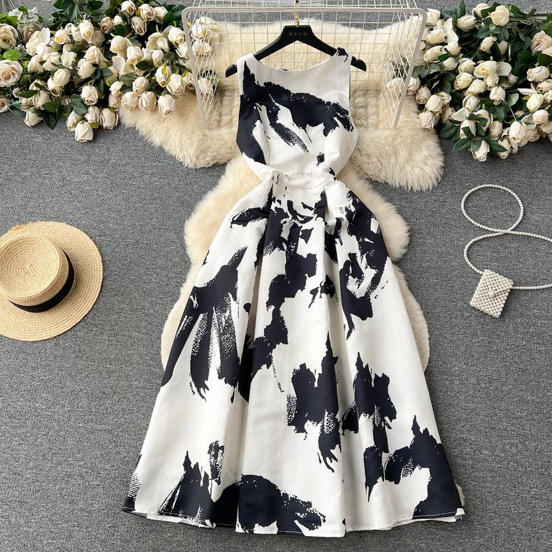 Женское платье-майка с цветочным принтом, элегантное модное летнее платье трапециевидной формы с круглым вырезом без рукавов и высокой талией, вечернее платье-майка для взлетно-посадочной полосы