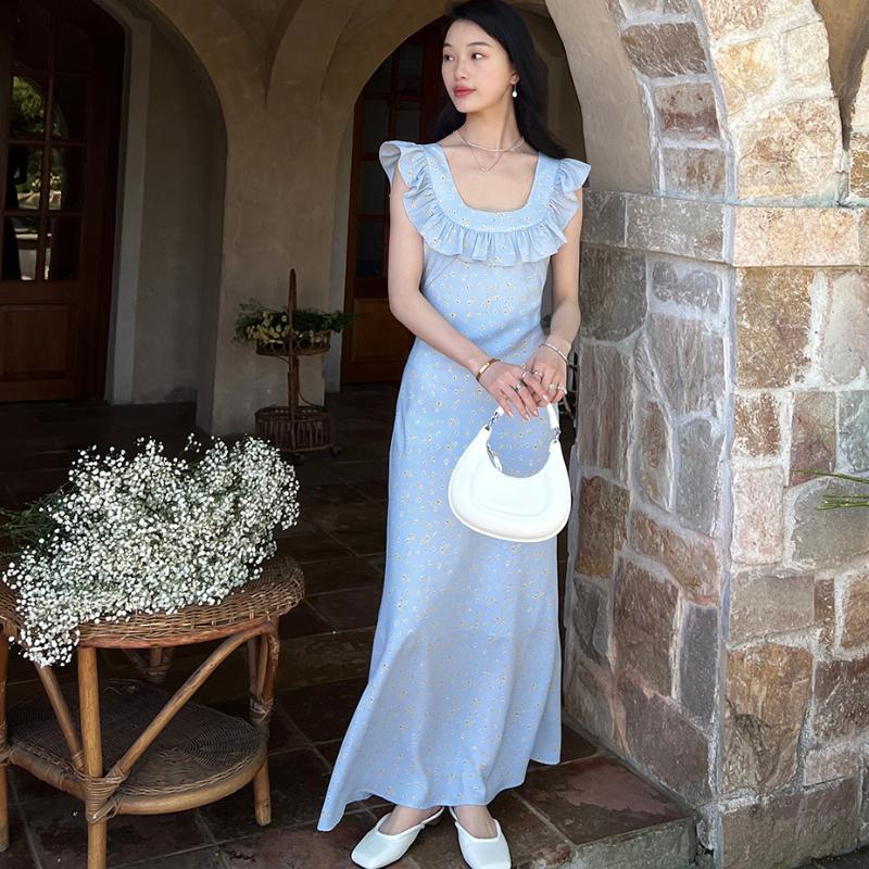 Милые платья миди с принтом для женщин с развевающимися рукавами для девочек, милые винтажные пляжные платья с оборками и цветочным принтом, макси, облегающее платье без рукавов, летнее