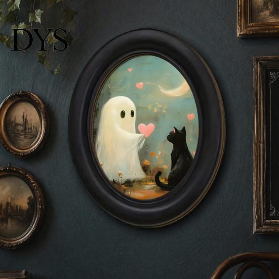 Oval Wood Picture Frame Halloween Gothic Wooden Hanging Plaque, Vintage Black Cat Ghost Wall Sweet Cool Sign Sign, Retro Waterproof Decorative Art for