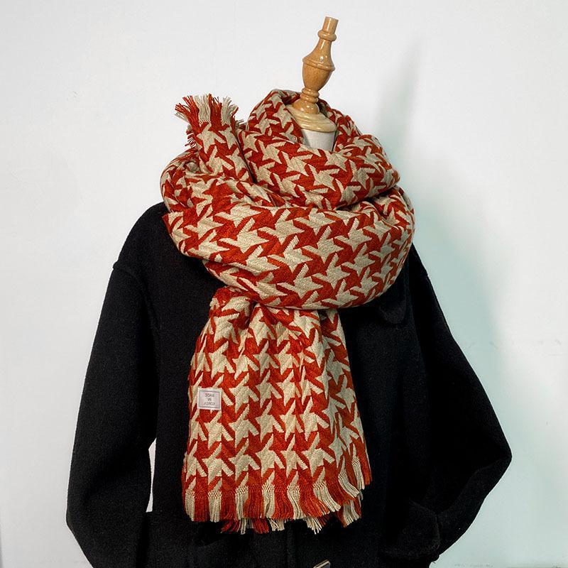 Scarf Korean Style Atmosphere Houndstooth Scarf for Women Winter Korean Style Versatile Warm Student High Looking Hong Kong Style Scarf