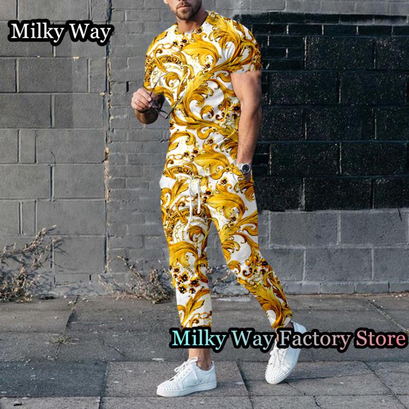 Роскошный мужской спортивный костюм с принтом цепочки, летний комплект из 2 предметов, футболка и брюки, винтажный спортивный костюм, мужская модная одежда, ретро наряд