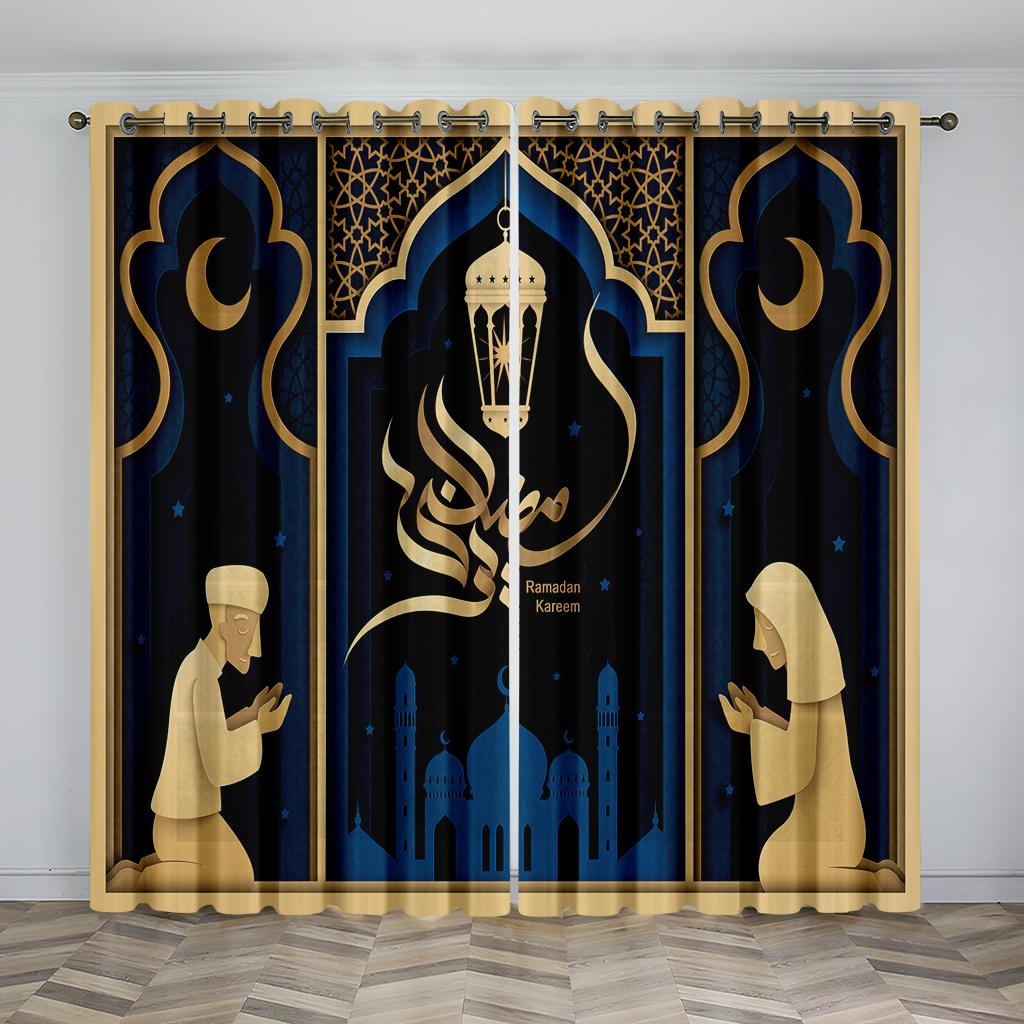 Luxury Eid Al Fitr Home Decor Sun Shade Curtains 2 Panel Islamic Ramadan Festival Curtains Living Room Bedroom Decor Curtains