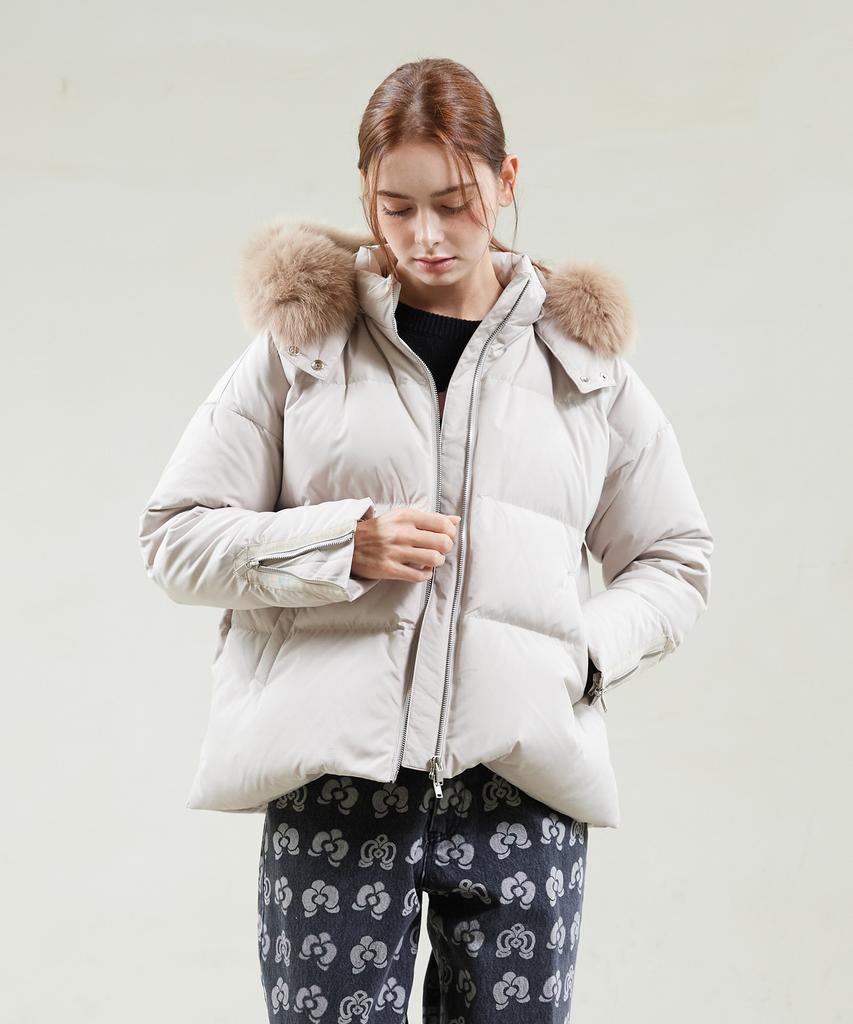 YUJEEOT Fox Fur Goose Down Jumper Beige