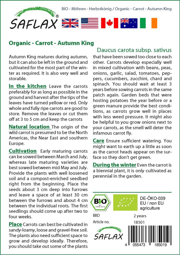 SAFLAX Garden in the Bag - Органический - Морковь - Король Осени - 1000 семян - С субстратом в подходящем мешке-стойке - Daucus carota