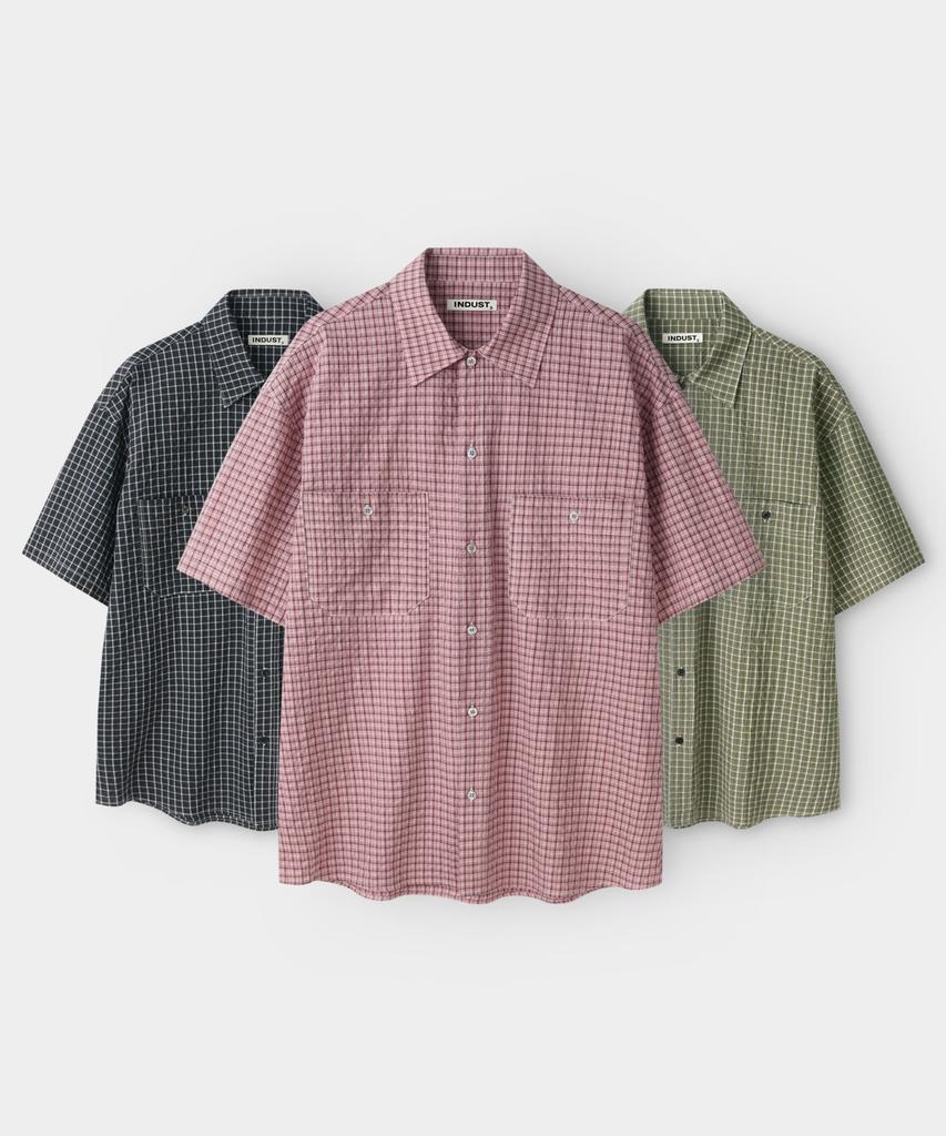 INDUST Grand Double Pocket Check Half Shirt_Red Pink