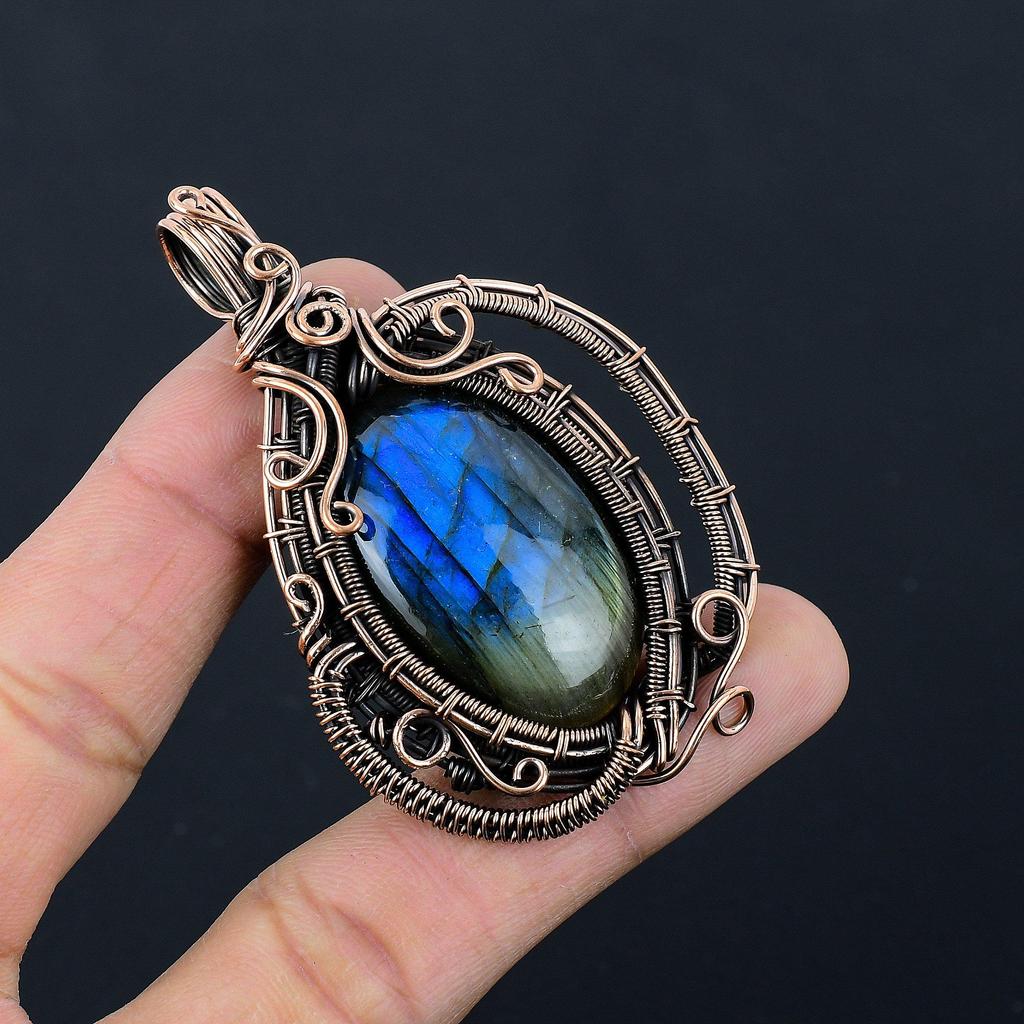 Labradorite Pendant, Handmade Gemstone 999 Copper Wire Wrapped Pendant Antique Jewelry, For Gift Silver Jewelry