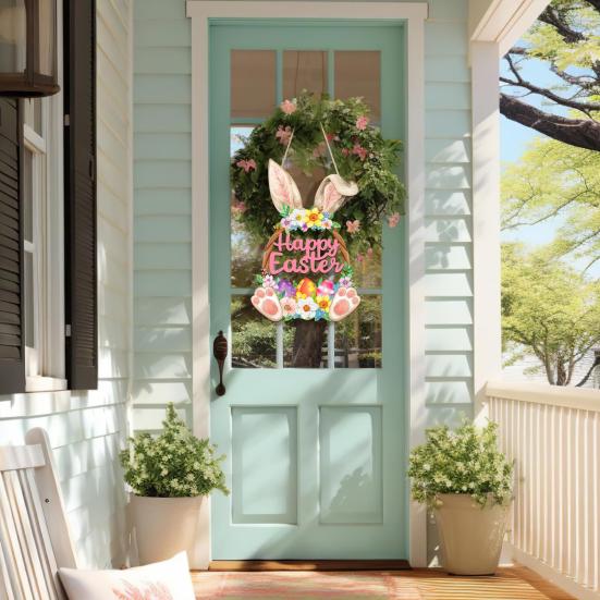 Yousheng Wooden Easter Door Wreath for Front Door Happy Easter Bunny Eggs Porch Sign for Spring Window Wall Hanging Decor
