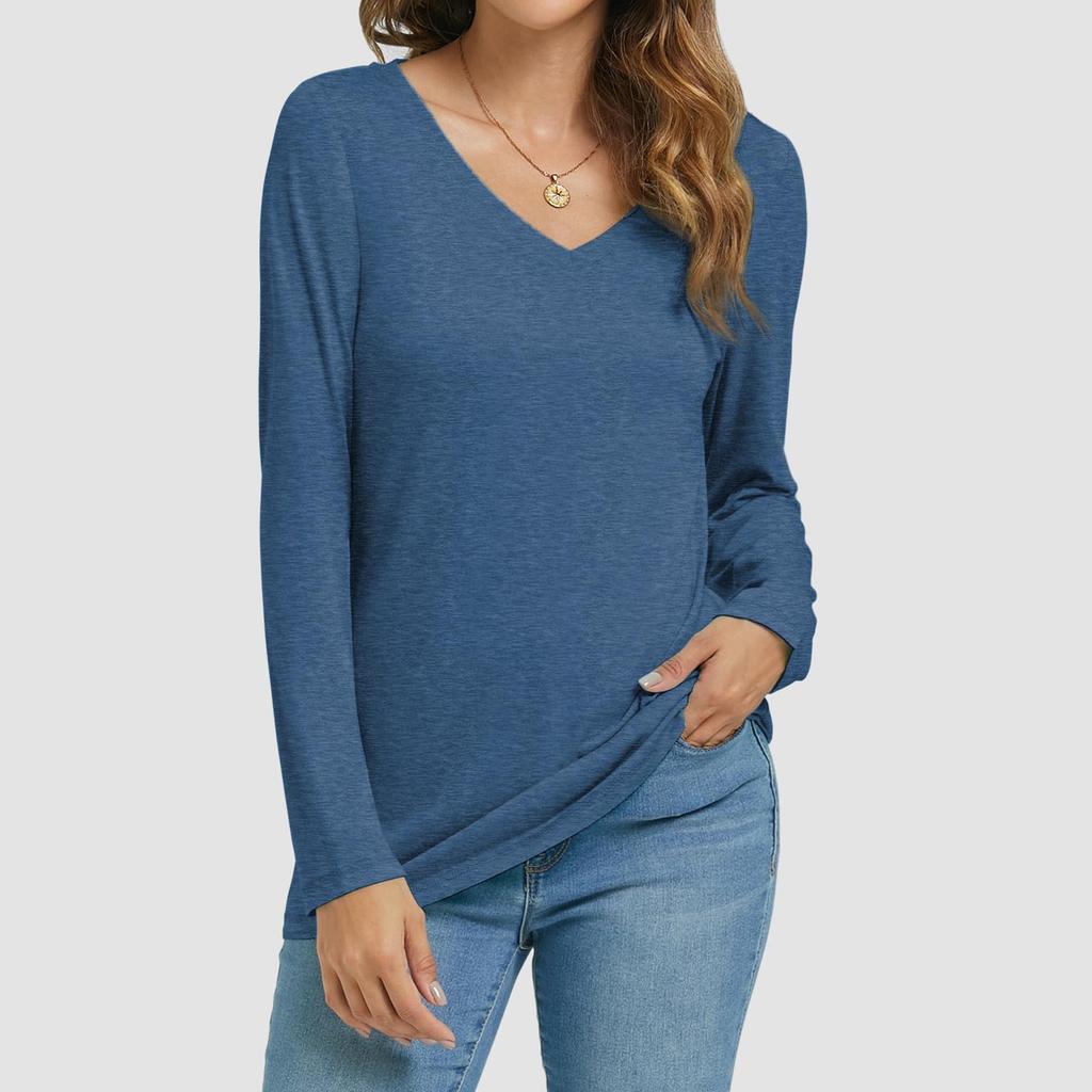 Womens Long Sleeve V Neck Shirts Basic Tee Casual Top Fall Trendy Tunic Outfits Fitted T Shirts