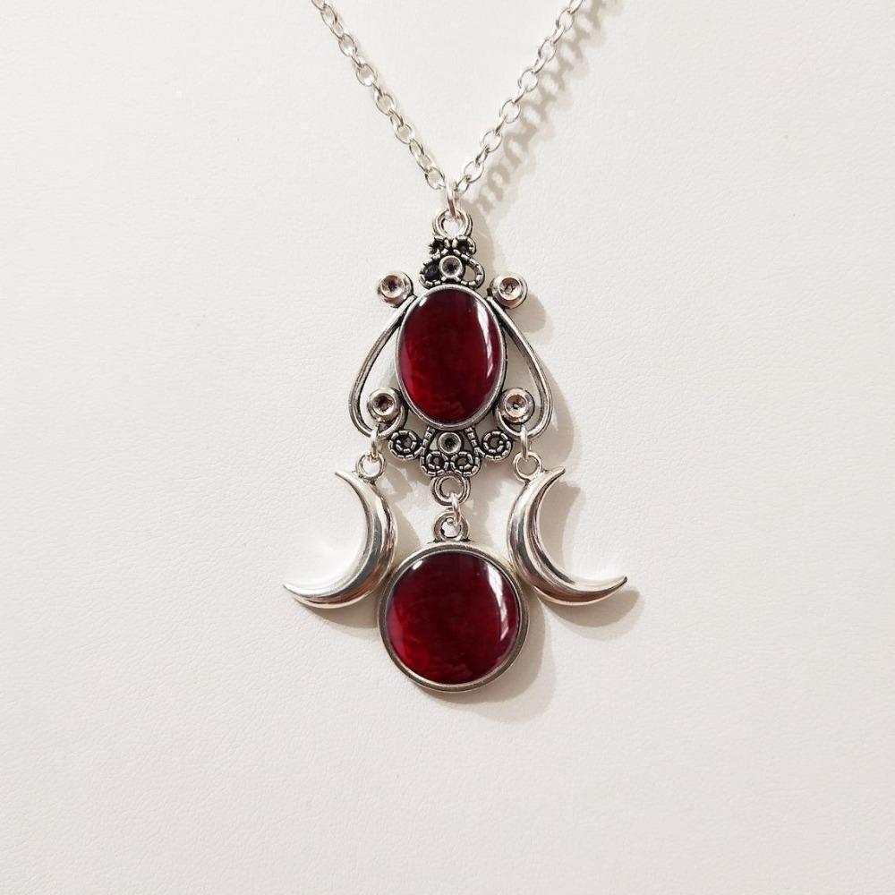 Personality Punk Sliver Color Triple Moon Goddess Round Oval Amethyst Pendant Necklace for Women Creative Charm Jewelry Gifts