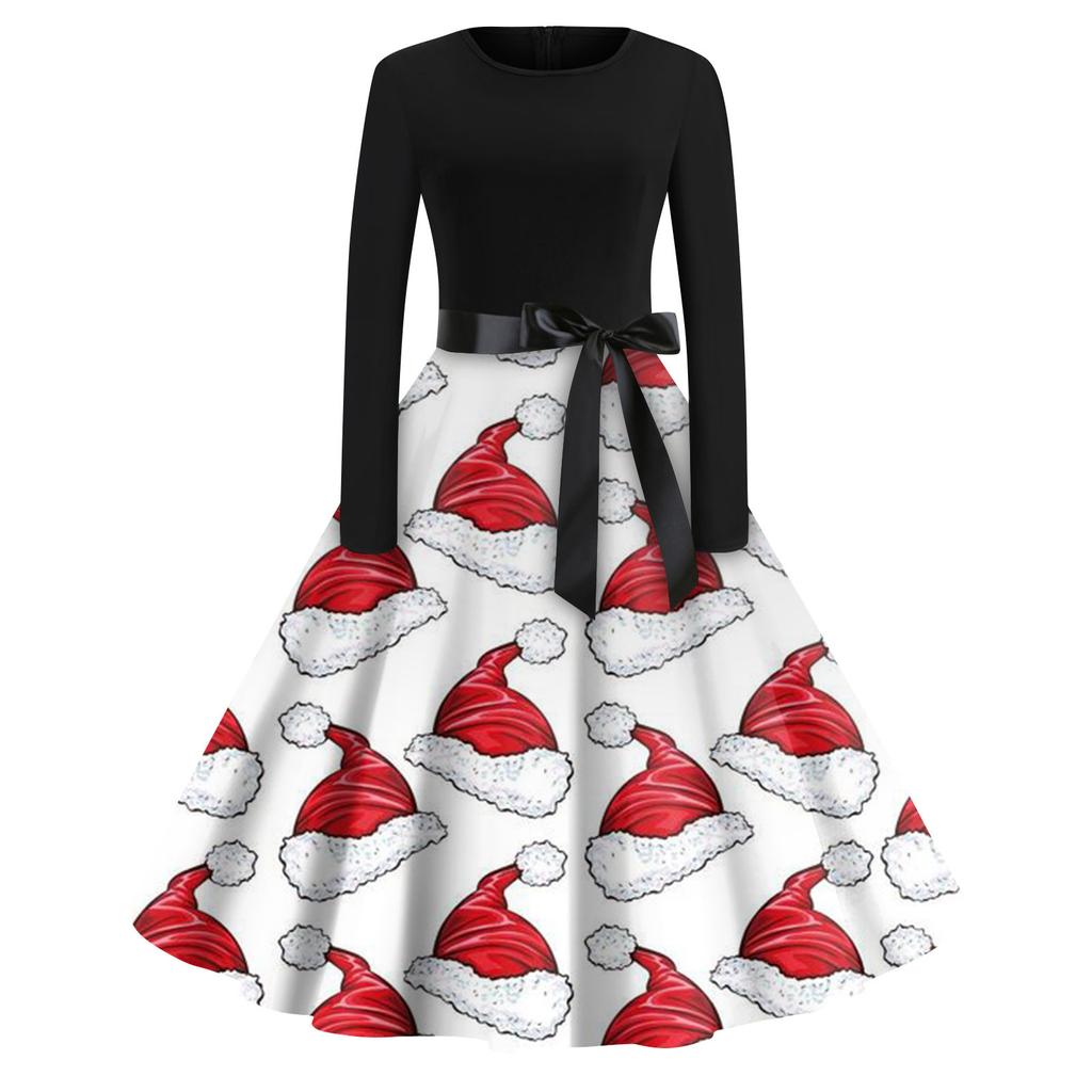 Женская мода с круглым вырезом, повседневные тонкие рождественские платья с длинным рукавом и принтом