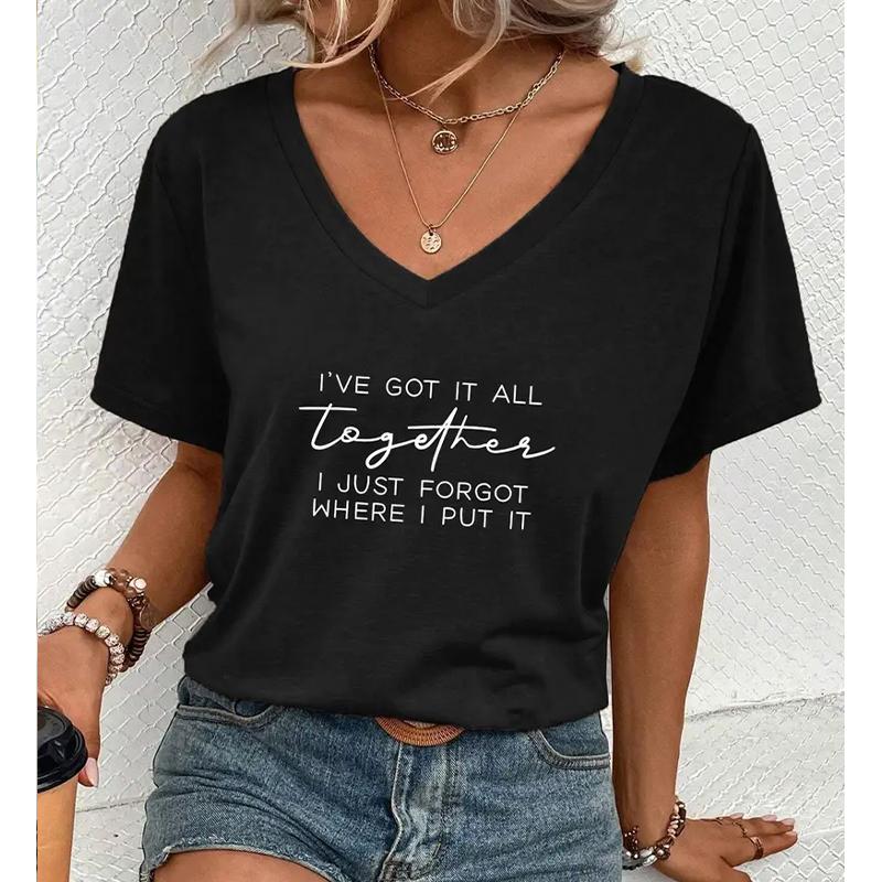 Fashion Simplified Letters Painting Blouses Short Sleeved V-Neck T Shirts Casual