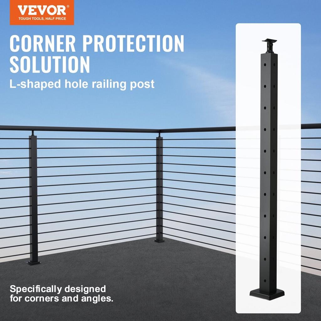 Cable Railing Post 36x1x2in L-Shaped Hole Corner Railing Post Black 1Pc