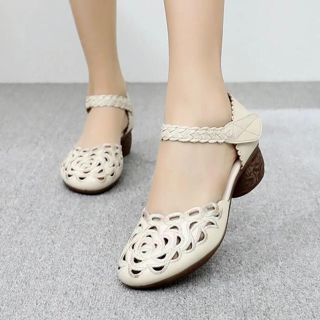 Летние сандалии, женские кожаные туфли на высоком каблуке с вышивкой, босоножки на толстом каблуке в стиле ретро с вырезами