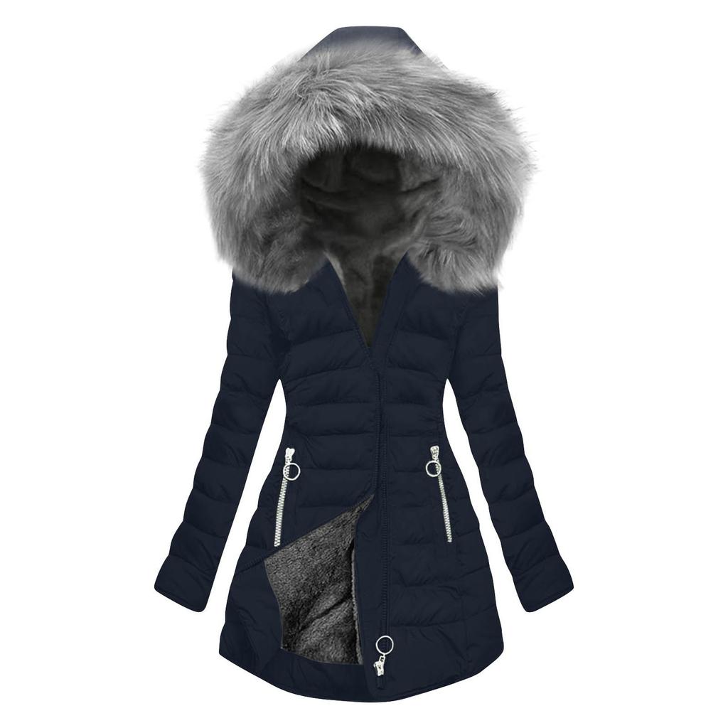 Women Hooded Plus Velvet Corduroy Coat Ladies Winter Cotton Coat Thickened Mid Length Warm Jacket