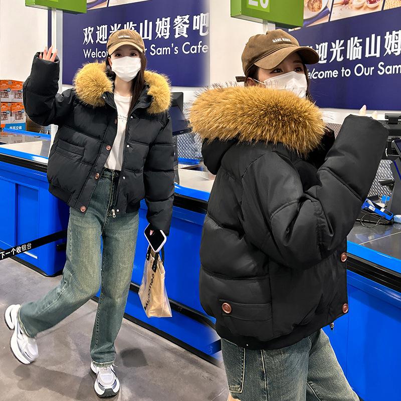 Большой меховой воротник короткая пуховая хлопковая куртка женская зима 2025 новая свободная утолщенная зимняя