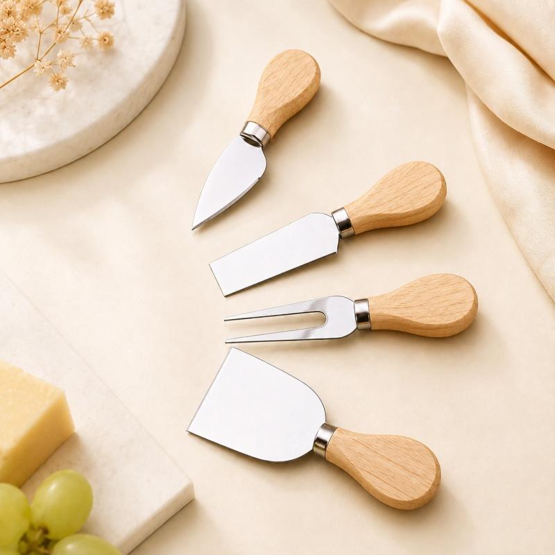 4‑Piece Cheese Knife Set Stainless Steel Cheese Slicer Cutter Fork Spatula with Wooden Handle Butter Cutter Kitchen Gadget