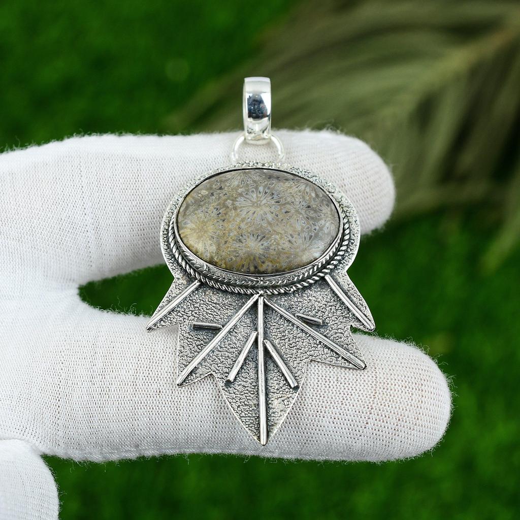 Натуральный ископаемый коралл драгоценный камень кулон серый стерлинговое серебро 925 пробы индийские украшения