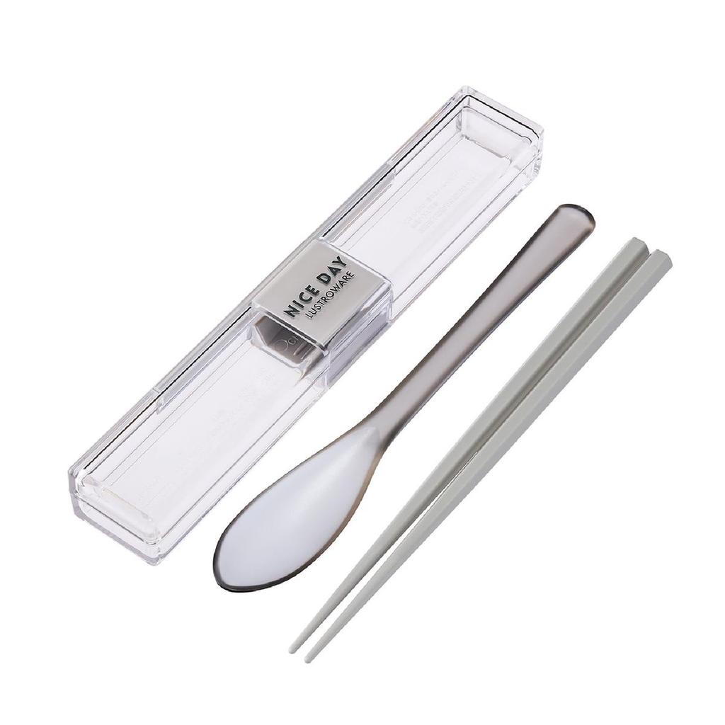 Lustroware NiceDay Bento Cutlery Set 18cm Chopsticks and Spoon with Silent Grayish Beige Case H-600 GB