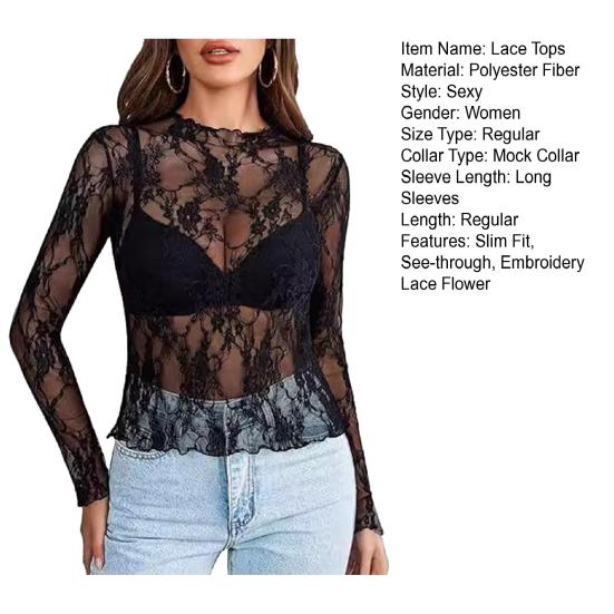 Женские топы с воротником-стойкой, длинными рукавами, облегающие блузки, сексуальные прозрачные сетчатые рубашки с цветочной вышивкой