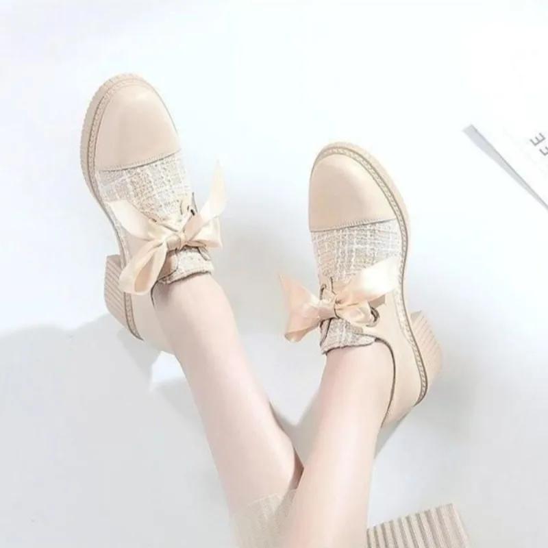 Round Toe with Bow Medium Heels Woman Pumps Chunky Block Heel Shoes for Women Stylish Slip On 39 2025 Trend Genuine Mark Popular