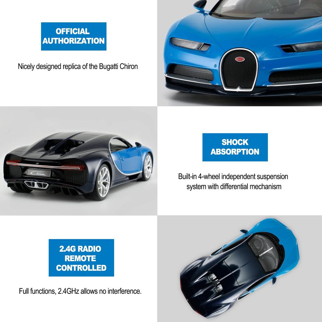 RASTAR 114 Scale Bugatti Chiron RC Model Car with LED Lights, Blue, 32.415.68.9 Cm