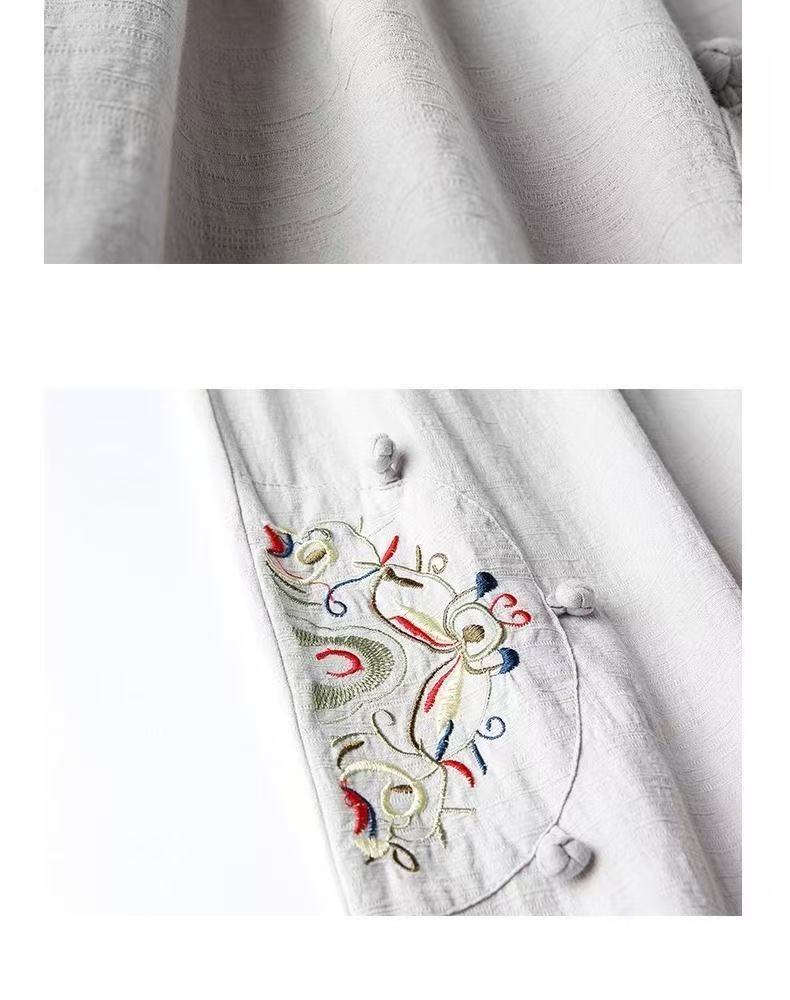 2025 Spring and Summer Cotton and Linen Retro Ethnic Style Embroidered Wide-leg Pants Versatile and Thin Nine-minute Pants