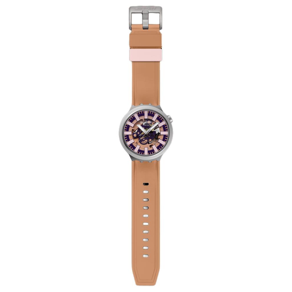 Swatch Серия Essentials Кварцевый механизм Водонепроницаемость 30 метров Унисекс Швейцарские часы 47 мм Розовый циферблат Корпус из нержавеющей стали Резиновый ремешок SB07S119