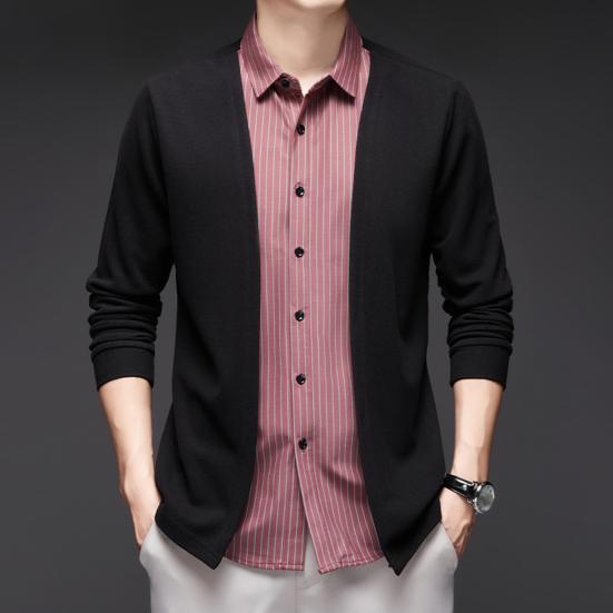Мужская рубашка, имитация двухкомпонентного кардигана с отложным воротником, однобортная, в полоску, с длинными рукавами, подходящего цвета, трикотажная, официальная