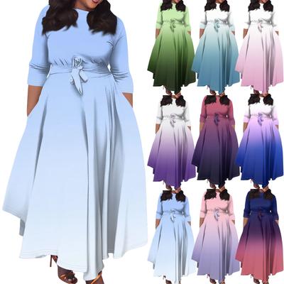 Женское повседневное модное свободное платье большого размера с градиентным принтом и круглым вырезом, рукавами три четверти, карманными бретелями