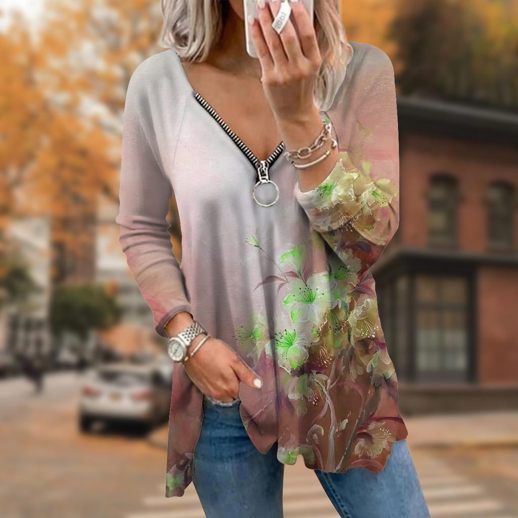 Женские футболки с длинным рукавом и принтом зеленых цветов, свободные футболки с V-образным вырезом больших размеров, удобные блузки