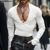 Men V Neck Long Sleeve Casual Fitted Tops Texture Rib Undershirts
